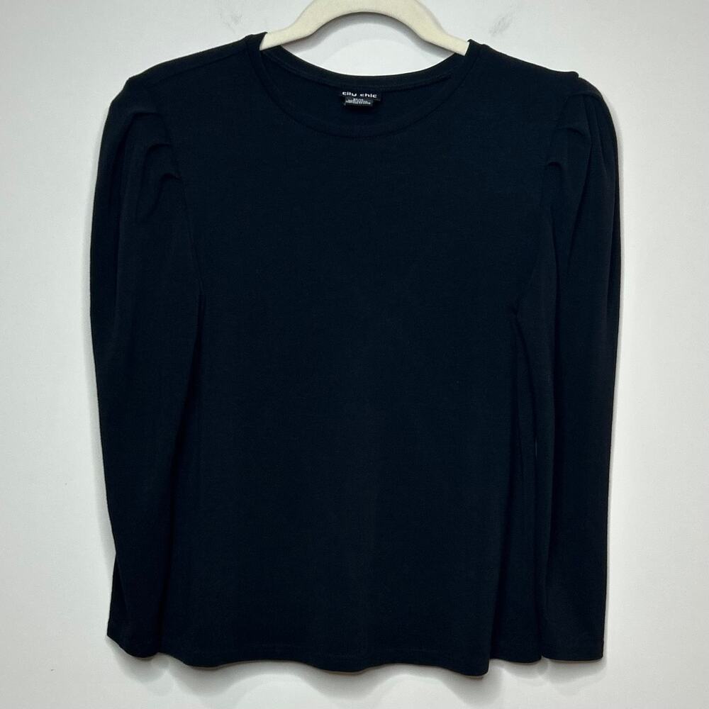 City Chic Black Puffy Shoulder Pleats Shirt Size 14/XS Long Sleeves
